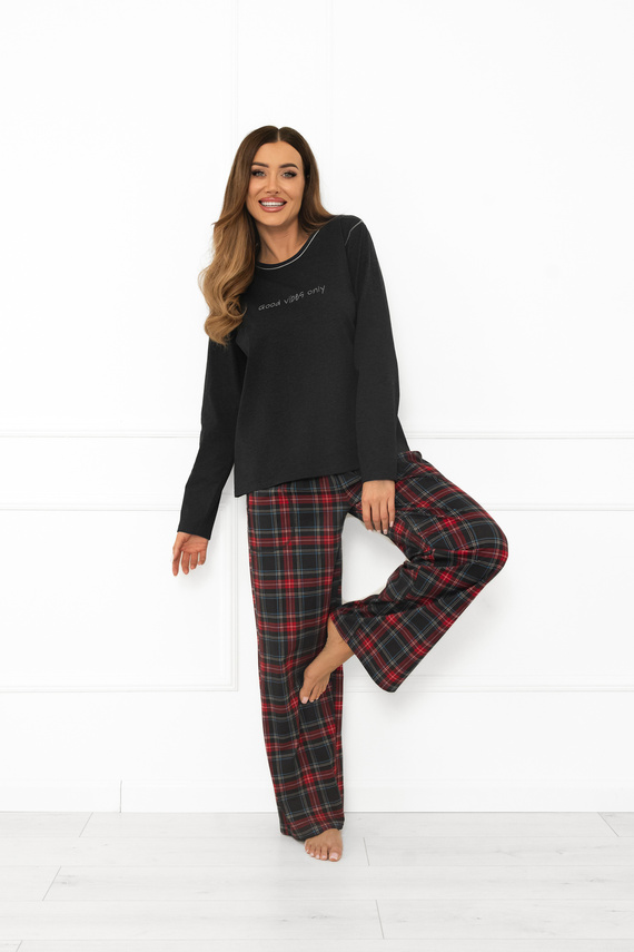 Pijama pentru femei Italian Fashion din bumbac melange închis, cu mânecă lungă și pantaloni, în carouri 