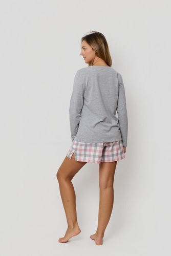 Pijama Damă Stella PI85 Mefemi by Nipplex – Bluză din Bumbac cu Mânecă Lungă & Pantaloni Scurți în Carouri | Confort Premium