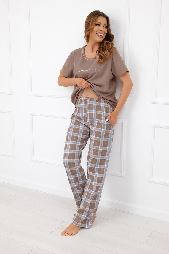 Pijamale damă Italian Fashion Delma 100% bumbac, în carouri, pantaloni lungi - cappuccino
