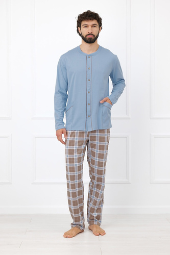 Italian Fashion Wilhelm Pijamale bărbați 100% bumbac cu nasturi, în carouri - cappuccino