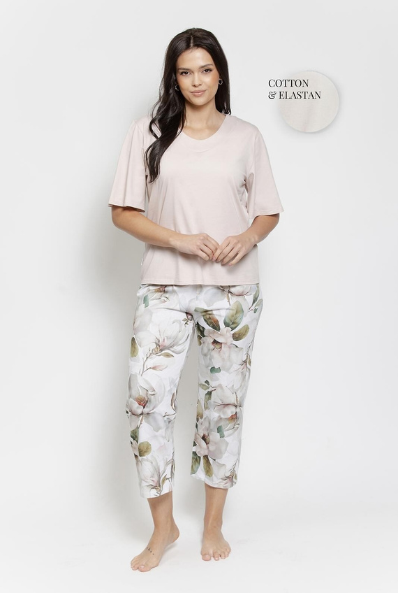 Pijama Afrodyta Taro – Pijamă de Damă din Bumbac cu Imprimeu Floral și Mâneci 7/8