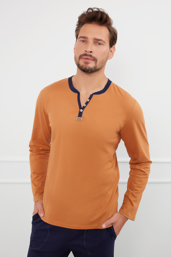 Julius Pijama cu mânecă lungă pentru bărbați, pantaloni lungi Italian Fashion - coniac/verde