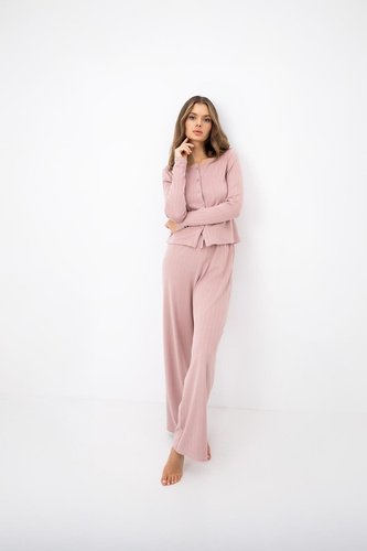 Sensis Alira pijama damă gri, lungă, cu nasturi, cu model în dungi fine