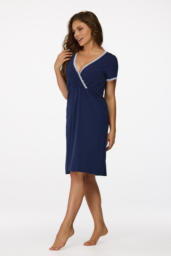 Cămașă de noapte Senizo pentru gravide nr. 36, bleumarin – 100% bumbac, dantelă, mâneci scurte, alăptare