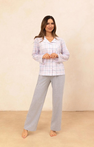 Pijamale damă 727 Regina Gri - 100% bumbac, în carouri, cămașă cu nasturi