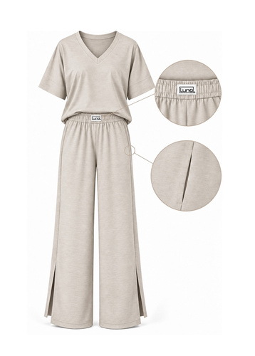 Luna 1314 pijama damă oversize bej 100% bumbac pantaloni largi