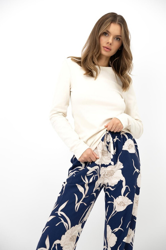Sensis Azelia Pijamale damă din bumbac ecru cu pantaloni lungi și imprimeu floral