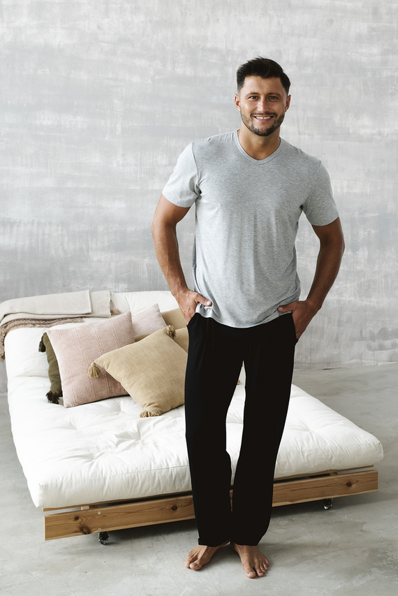 Dallas Pijama cu mânecă scurtă pentru bărbați, pantaloni lungi Italian Fashion- melange/negru 