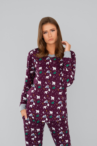 Ava Ladies' pijama cu mânecă lungă și pantaloni Italian Fashion- print burgundy