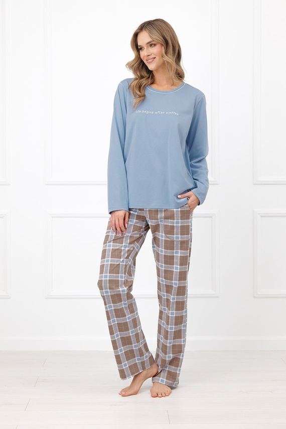 Pijamale damă Italian Fashion Delma 100% bumbac, pantaloni lungi, carouri - gri metalizat