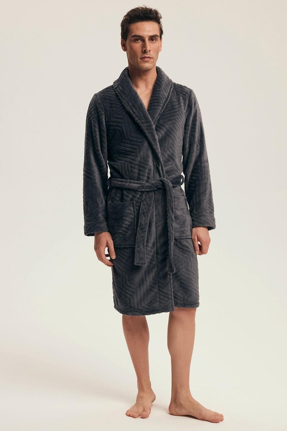 Halat de baie bărbătesc Henderson 43379 Nandu, gri - legat în talie, lungime până la genunchi