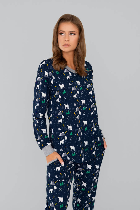 Ava Ladies' pijama cu mânecă lungă și pantaloni Italian Fashion - imprimeu albastru marin