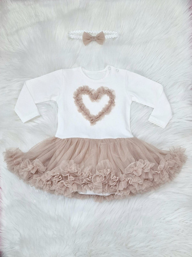 Body-rochie Mia cu maneca lunga Bambarillo – ecru si bej, bumbac cu tul