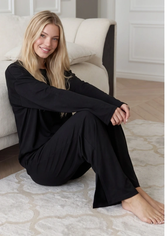 Pijamale damă Luna 1312 100% bumbac oversize pantaloni largi homewear - negru