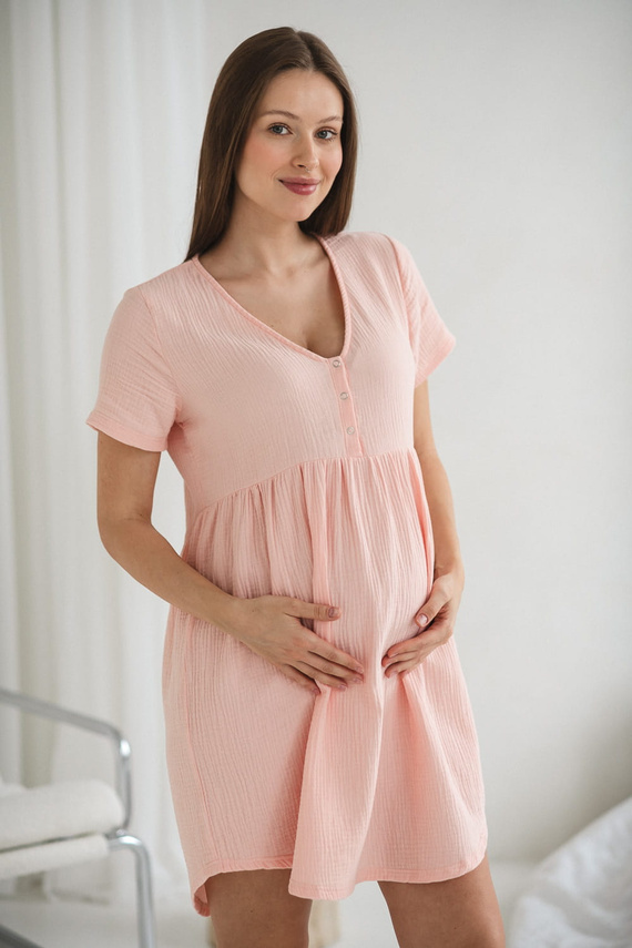 Cămașă de noapte de maternitate și alăptare de muselină Aurora Milk&Love somon