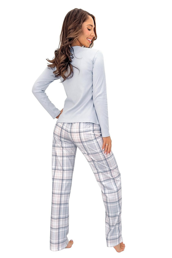 Donna Dani Long pijama damă gri din bumbac cu dungi, pantaloni în carouri