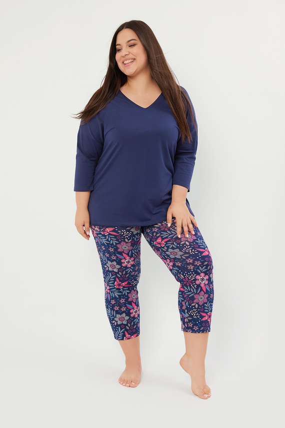 Folk Pijama de damă mâneci 3/4, pantaloni 7/8 Modă italiană - albastru marin/print