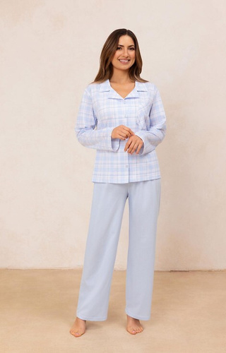 Pijamale de damă 727 Regina, albastre – 100% bumbac, în carouri, cămașă cu nasturi