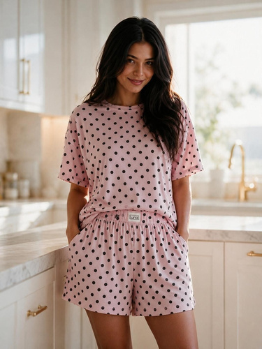 Luna 1311 Pijamale damă scurte din bumbac cu buline, 100% bumbac, roz