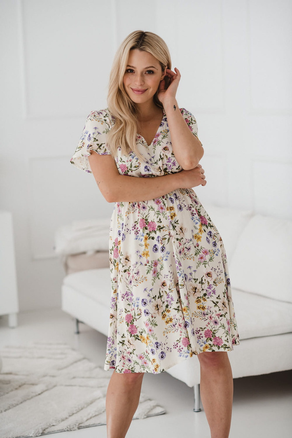 Lovely Dress Rochie de maternitate si alaptare, maneca scurta Milk&Love, crem cu flori