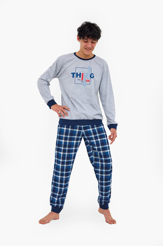 967/54 Pijama pentru tineret Thing Cornette Grey – 100% bumbac, imprimeu, pantaloni în carouri