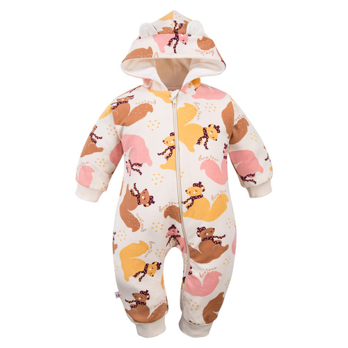 Trenorac pentru copii Fluffy Tails Eevi - ecru, cu gluga si imprimeu de toamna