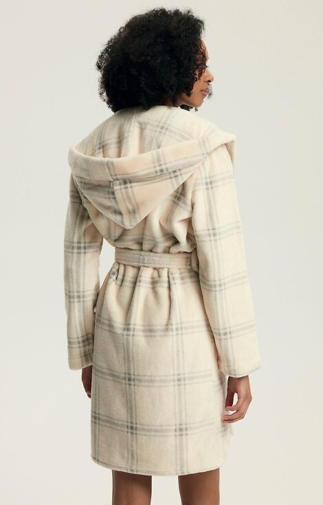 Halat de baie Danna Henderson alb pentru femei - cu glugă, în carouri