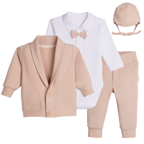 Komplet pentru Botez Nicol 169397, 4 piese: body, papion, bluză, pantaloni și căciulă