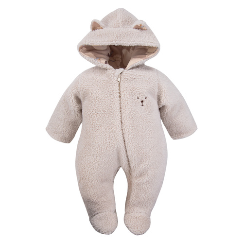 Salopeta Beary Cool Eevi pentru bebelusi – din shearling, bej, cu urechi si fermoar