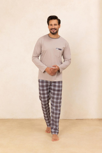 Regina 488 – pijama bărbătească bej din bumbac cu mâneci lungi, croială clasică