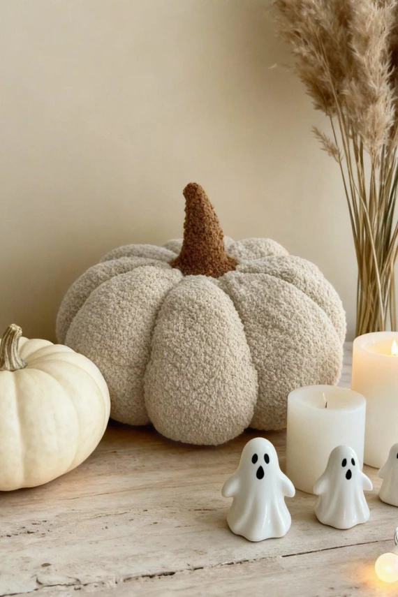 Pernă decorativă cu model dovleac bouclé de la Needle and Thread – bej, decorațiune de toamnă și Halloween