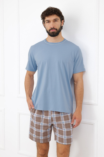 Pijamale bărbați Italian Fashion Dante bumbac scurte pantaloni scurți în carouri cu buzunare - oțel