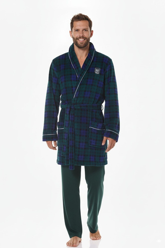 Halat de baie 2456 BJ pentru bărbați, mărime L&amp;L, bleumarin - moale, în carouri și cu guler