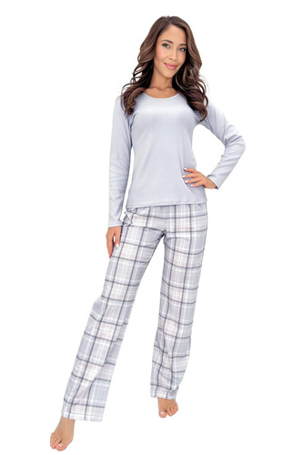 Donna Dani Long pijama damă gri din bumbac cu dungi, pantaloni în carouri