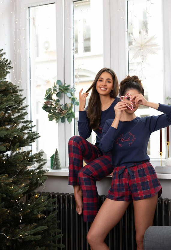 Pijamale Clarissa Sensis din flanel pentru femei - bleumarin-roșu