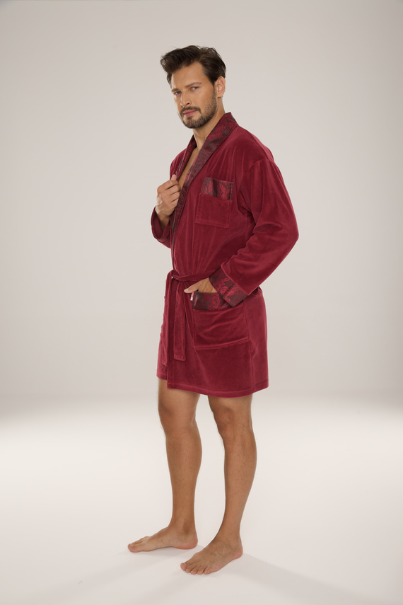 866 Noble Halat de baie de catifea De Lafense pentru bărbați - scurt, elegant, bumbac - burgundy