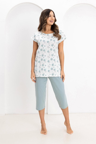Pijama Damă Regina 730 din 100% Bumbac – Tricou cu Buline Colorate, Mânecă Scurtă, Pantaloni 3/4, Confort de Vară
