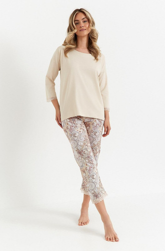 486 Pijamale Cana dama, vanilie, maneci 3/4, pantaloni din bumbac 7/8