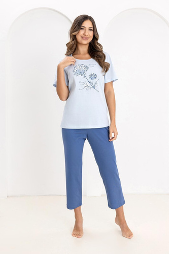 Pijama Damă Regina 734 din 100% Bumbac – Tricou cu Mânecă Scurtă și Imprimeu, Pantaloni 7/8, Confort Premium