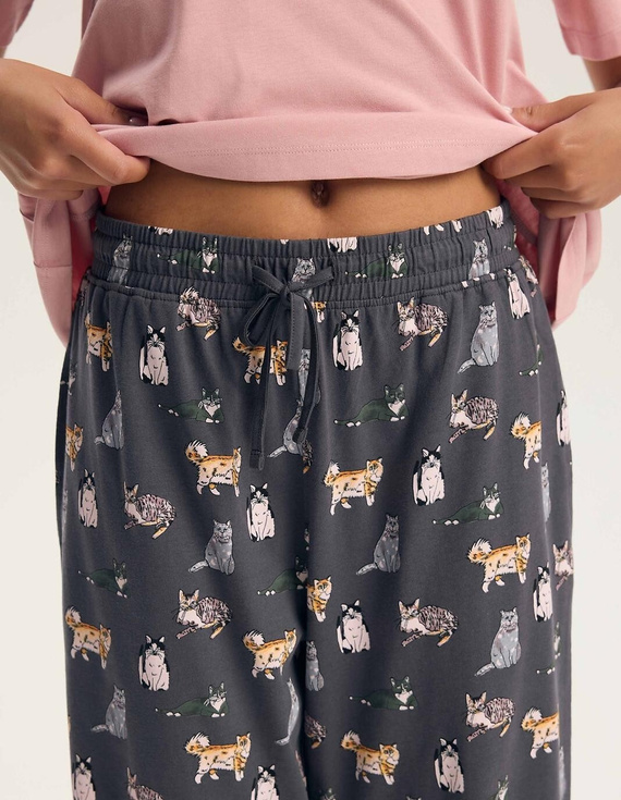 Pijamale damă Henderson Ginni 45420 100% bumbac, pantaloni lungi, imprimeu pisici