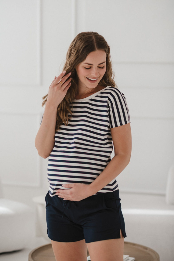 Bluză reversabilă de maternitate și alăptare Two Ways | Mânecă scurtă, confortabilă Milk&Love bleumarin și dungi albe