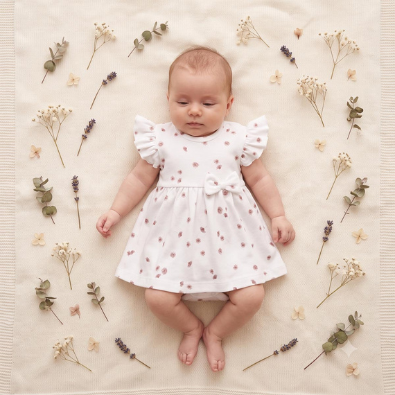 226158 Nicol HANIA Rochiță-body pentru fete din bumbac cu flori crem