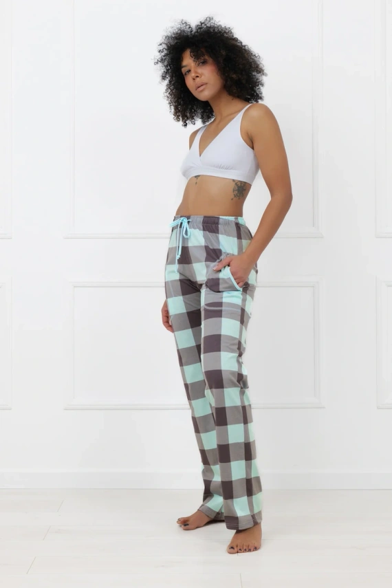 Pantaloni damă Sandra Italian Fashion din bumbac, lungi, în carouri, cu buzunare