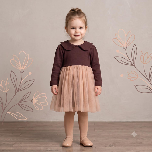 226167 Nicol HANIA Rochie cu tulle bej-maro mânecă lungă pentru fete