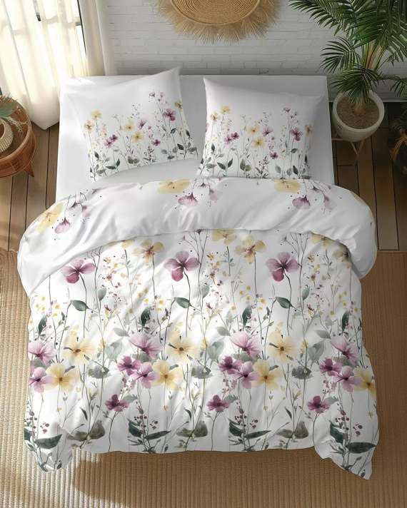5773 A Lenjerie de pat din bumbac Cotton Bloom Detexpol, albă cu flori sălbatice galbene și violet – 100% bumbac, față-verso, producție poloneză