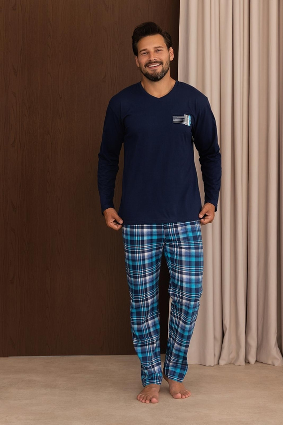 Regina 6011 Pijamale bărbați 100% bumbac mânecă lungă pantaloni în carouri bleumarin