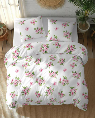 5766 A Lenjerie de pat din bumbac Cotton Bloom Detexpol, albă cu flori roz – 100% bumbac, față-verso, producție poloneză