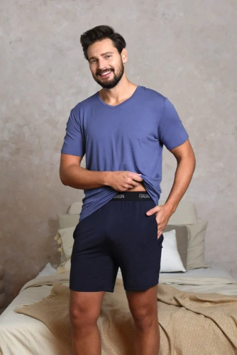Dallas Pijama cu mânecă scurtă pentru bărbați, pantaloni scurți Italian Fashion- albastru