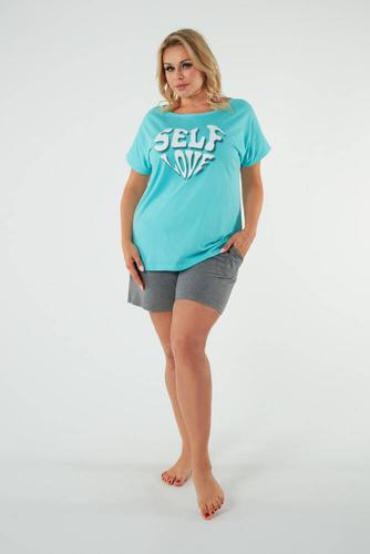 Selfie Ladies' pijama cu mânecă scurtă, pantaloni scurți Italian Fashion - turcoaz/melange