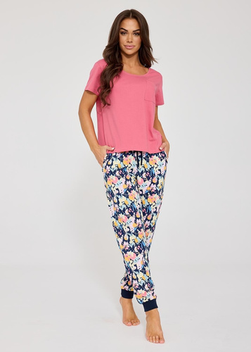 Pijama damă Cornette Pola 730/337 roz, bumbac 100%, pantaloni lungi cu print floral